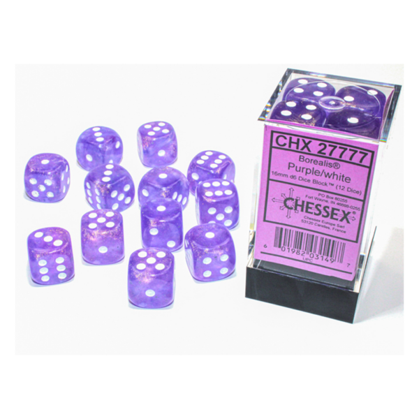 Borealis Purple/white Luminary 16mm d6 Dice Block (12 dice)