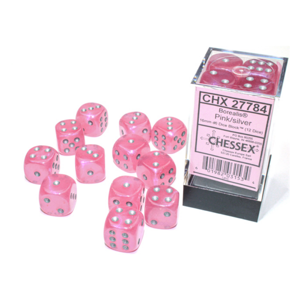 Borealis Pink/silver Luminary 16mm d6 Dice Block (12 dice)