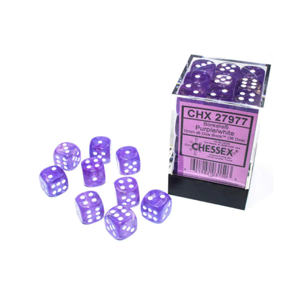 Borealis Purple/white Luminary 12mm d6 Dice Block (36 dice)